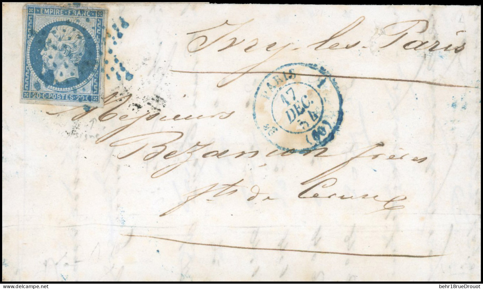 Obl. 14A - 20c. Bleu, Obl. étoile Bleue De Paris S/lettre Frappée Du CàD De PARIS - 1 - (60) - 2k Du 17 Décembre 1854 En - 1853-1860 Napoleon III