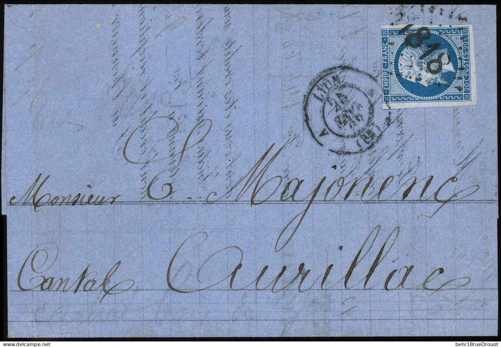 Obl. 14A - 20c. Bleu Obl. GC 1818 (caractères Gras) S/lettre Frappée Du CàD Du LYON Du 25 Février 1862 à Destination D'A - 1853-1860 Napoléon III