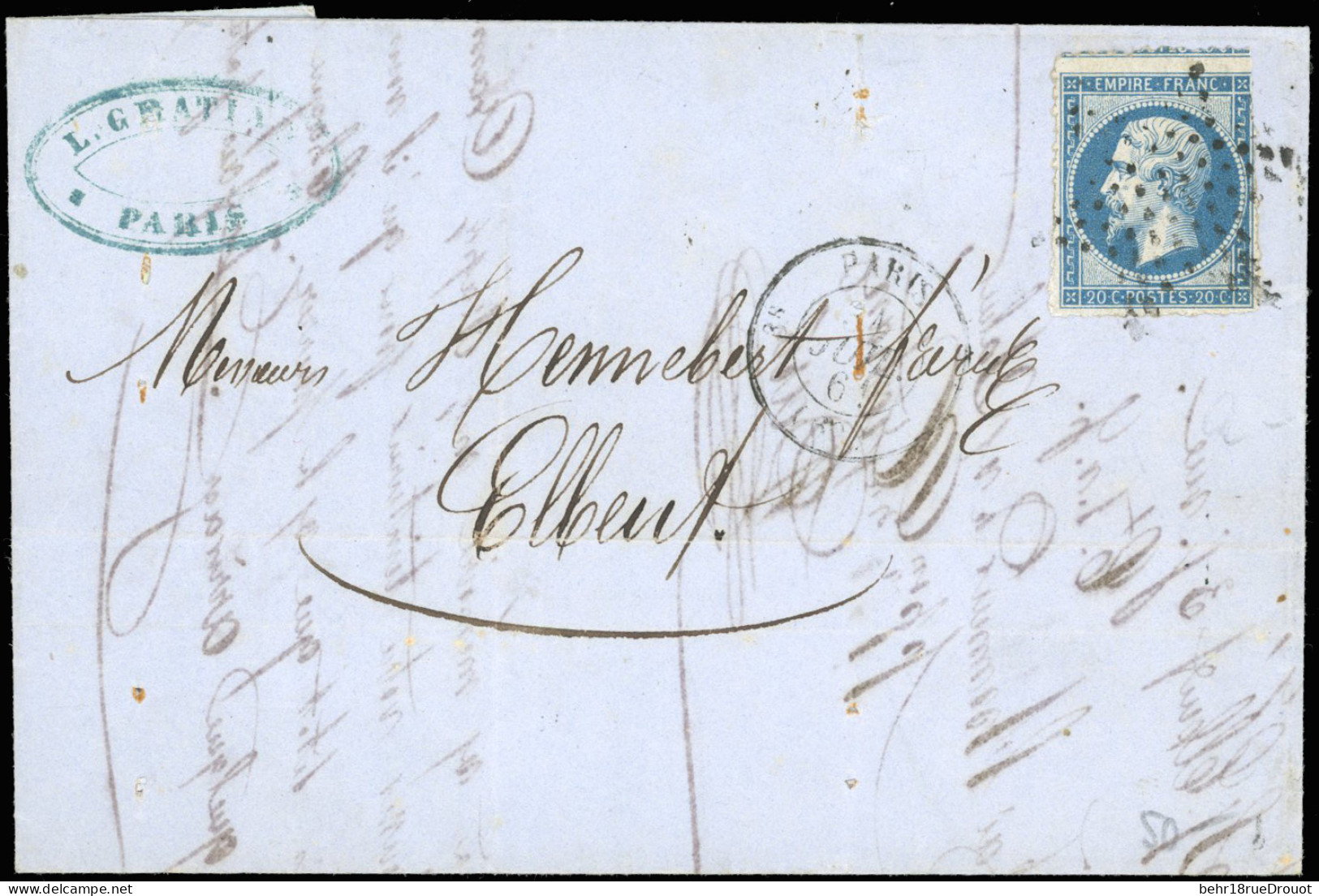 Obl. 14A - 20c. Bleu, Percé En Ligne, Avec Amorce D'un Voisin, Obl. étoile S/lettre Frappée Du CàD De PARIS (60) Du 31 J - 1853-1860 Napoléon III