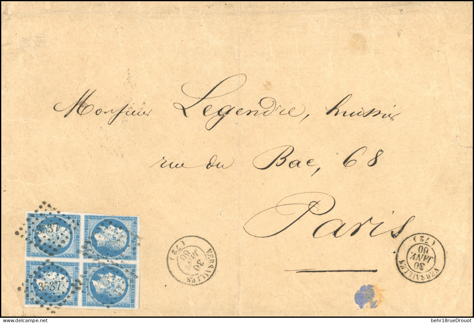 Obl. 14A - 20c. Bleu, Bloc De 4, Obl. PC 3537 S/grande Lettre Frappée Du CàD De VERSAILLES Du 30 Janvier 1860 à Destinat - 1853-1860 Napoléon III.