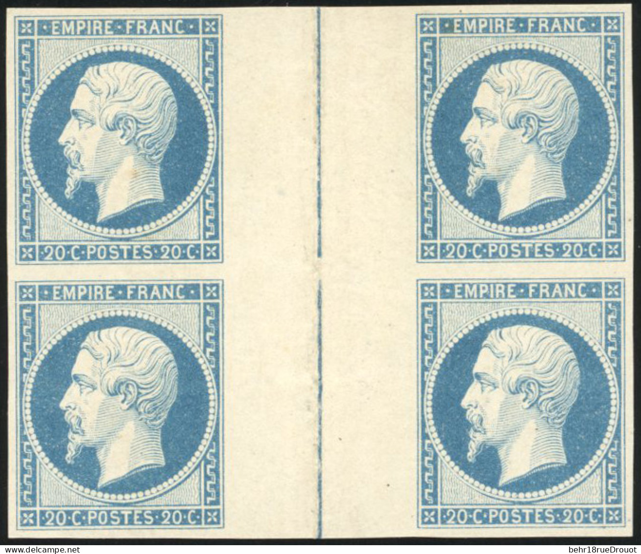 * 14Af - 20c. Bleu Laiteux. Bloc De 4 Inter-panneau Avec Filet D'encadrement. Pièce Exceptionnelle. SUP. RR. - 1853-1860 Napoleone III