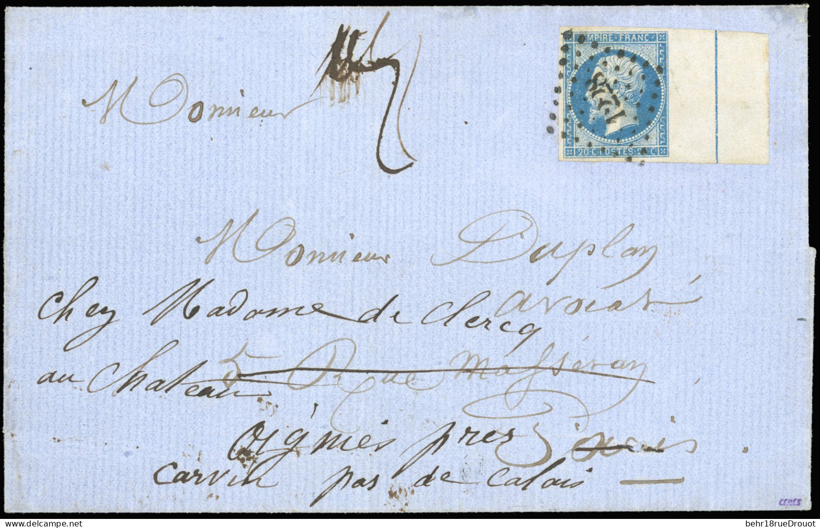 Obl. 14Ai - 20c. Bleu, Bord De Feuille Avec Filet D'encadrement, Obl. PC 1228 S/lettre à Destination De PARIS, Puis Réex - 1853-1860 Napoléon III.