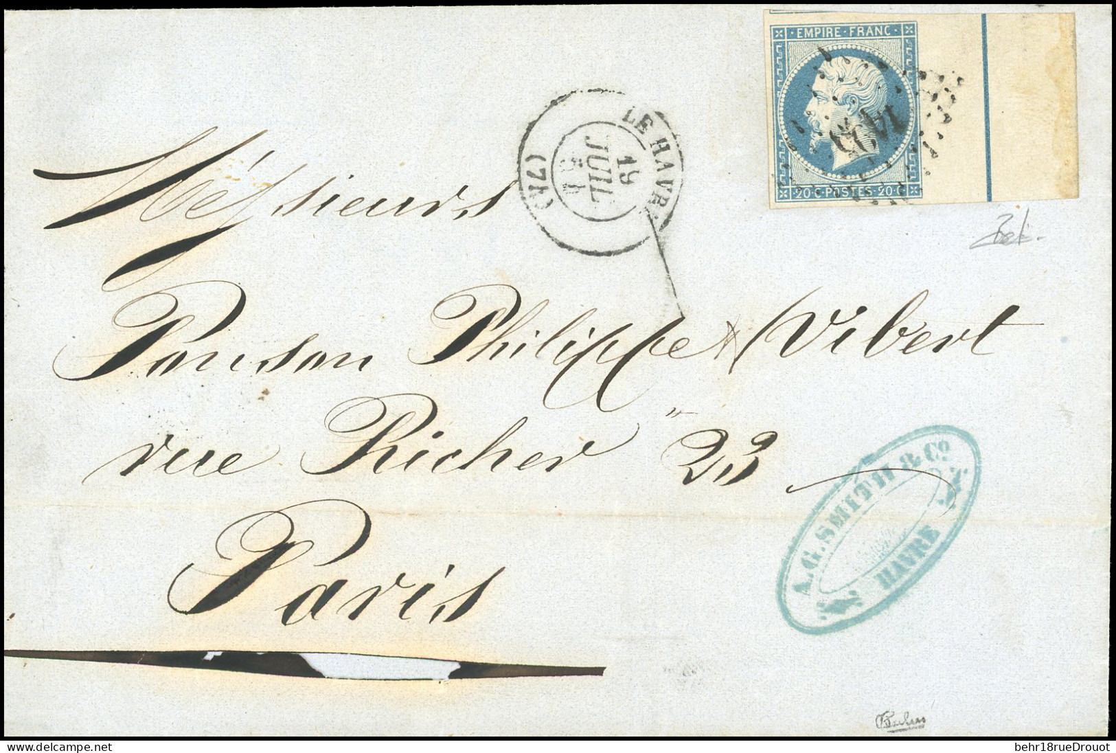 Obl. 14Ai - 20c. Bleu Avec Filet D'encadrement, Obl. S/lettre Frappée Du CàD Du HAVRE Du 19 Juillet 1854 à Destination D - 1853-1860 Napoléon III.