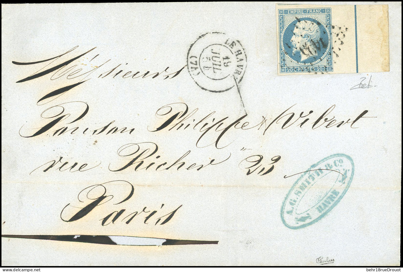 Obl. 14Ai - 20c. Bleu Avec Filet D'encadrement, Obl. S/lettre Frappée Du CàD Du HAVRE Du 19 Juillet 1854 à Destination D - 1853-1860 Napoléon III