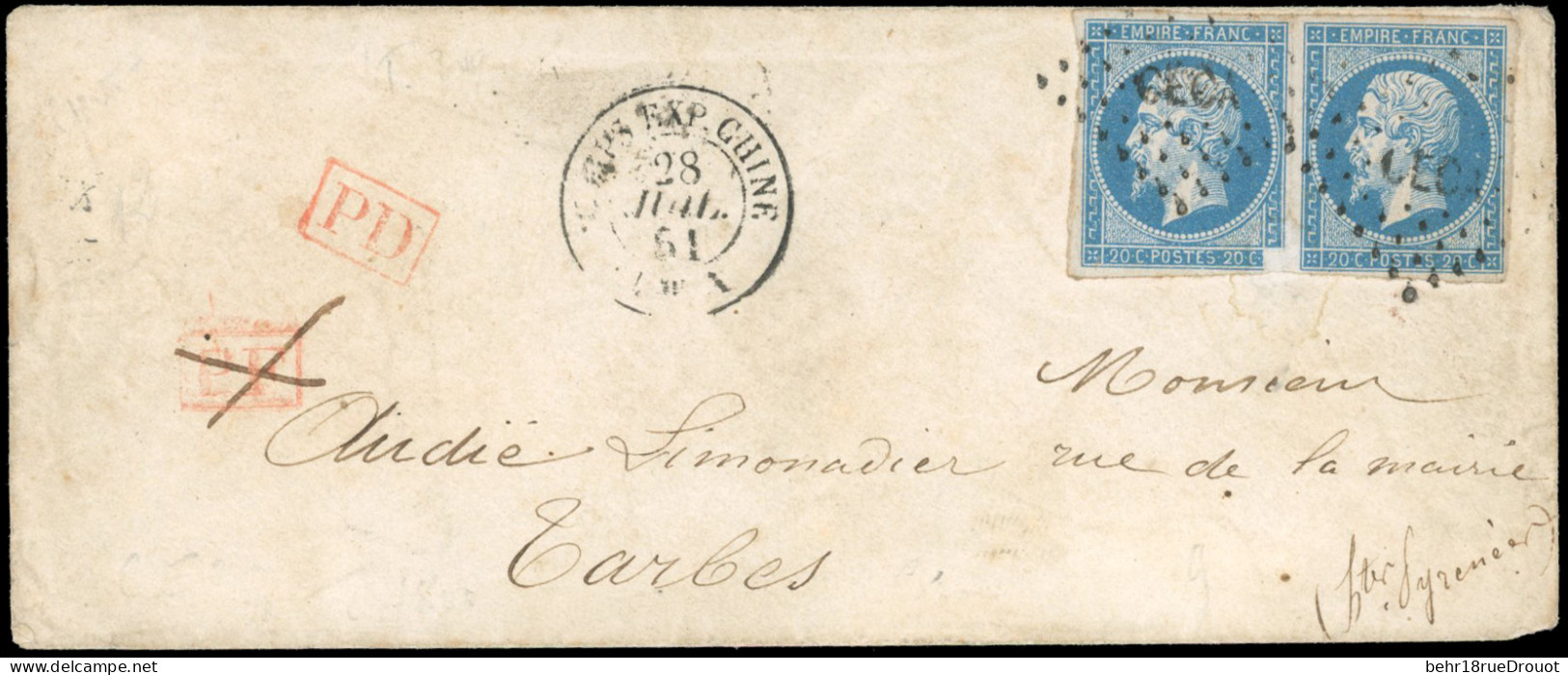 Obl. 14B - 20c. Bleu, Dont Un Exemplaire Avec Variété D'impression En Bas à Gauche Tenant à Normal, Obl. CECA S/lettre F - 1853-1860 Napoléon III.