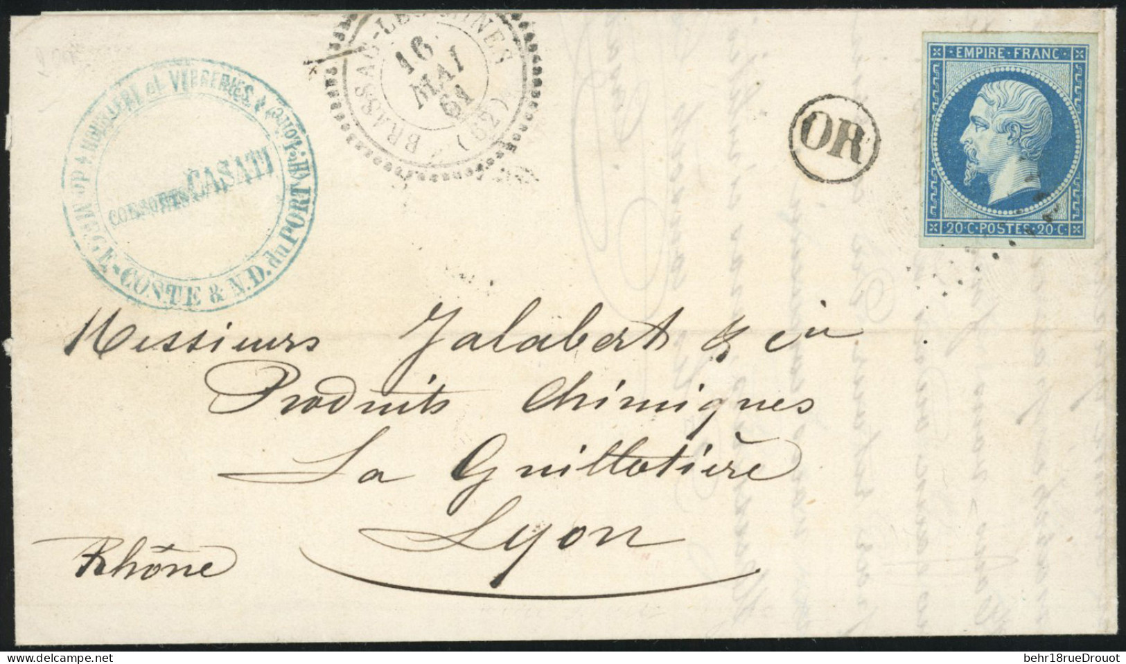 Obl. 14Ba - 20c. Bleu S/vert, Obl. PC 3064 S/lettre Frappée Du Cachet Perlé De BRASSAC-LES-MINES Du 16 Mai 1861 à Destin - 1853-1860 Napoléon III