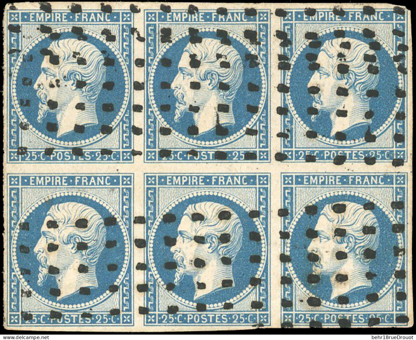 Obl. 15 - 25c. Bleu. Bloc De 6. Obl. Gros Points. Filet Effleuré Sinon SUP. - 1853-1860 Napoleone III