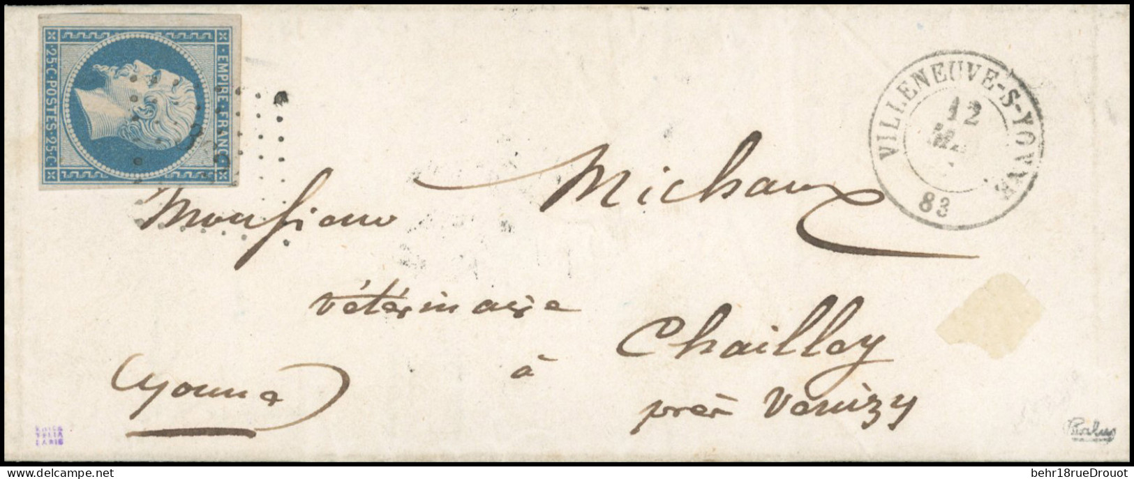 Obl. 15 - 25c. Bleu Obl. PC S/lettre Frappée Du CàD De VILLENEUVE-SUR-YONNE Du 12 Mai 1854 à Destination De CHAILLEY - Y - 1853-1860 Napoleon III