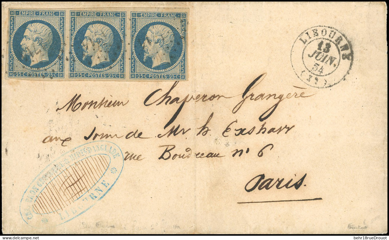 Obl. 15 - Bande De 3 Du 25c. Bleu, Timbre De Droite Avec Variété "retouche Delacourtelle" (variété De Défaut Dans La Mot - 1853-1860 Napoléon III.