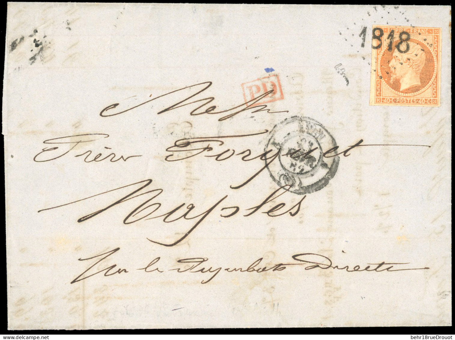 Obl. 16 - 40c. Orange Obl. Essai De GC 1818 Bâton S/lettre Frappée Du CàD De LYON Du 21 Février 1862 à Destination De NA - 1853-1860 Napoléon III.