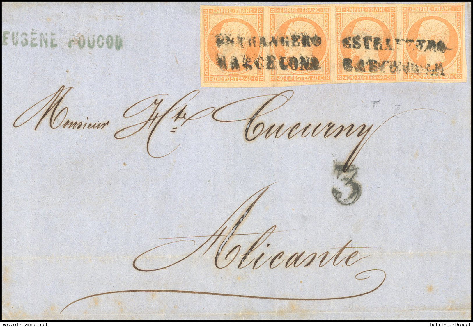 Obl. 16 - Bande De 4 Du 40c. Orange, Obl. BARCELONA S/lettre Frappée Du CàD De "ESTRANGERO BARCELONA" à Destination D'AL - 1853-1860 Napoleone III