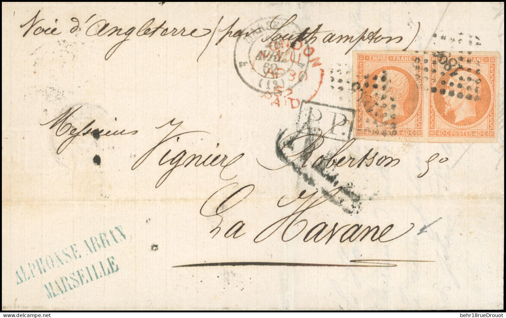 Obl. 16 - Paire Du 40c. Orange Obl. PC 1896 S/lettre Frappée Du CàD De MARSEILLE Du 28 Avril 1862 à Destination De LA HA - 1853-1860 Napoléon III