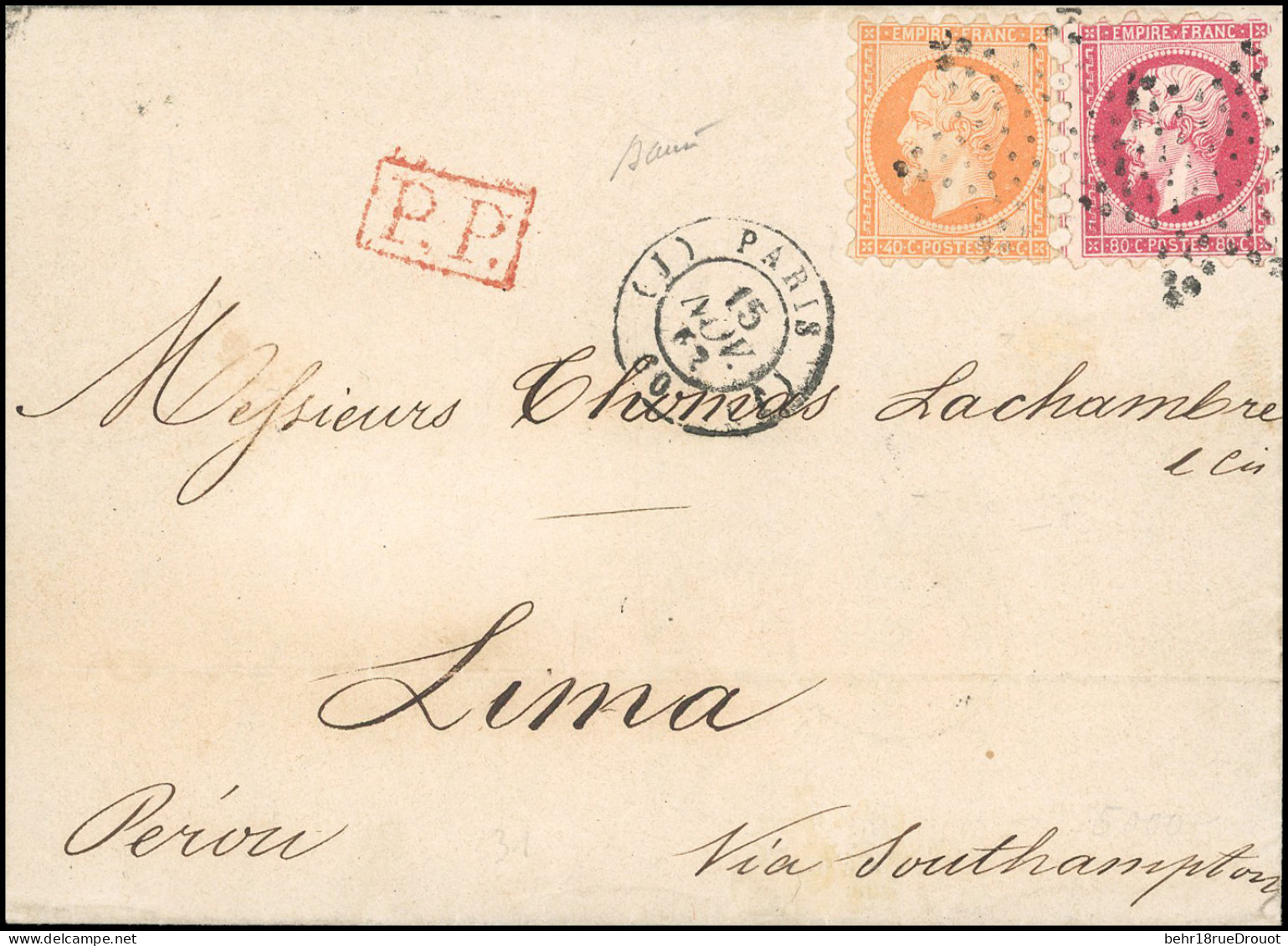 Obl. 16 + 17B - 40c. Orange + 80c. Rose, Piquage Susse, Obl. étoile S/document Commercial Frappé Du CàD De PARIS (60) Du - 1853-1860 Napoléon III.