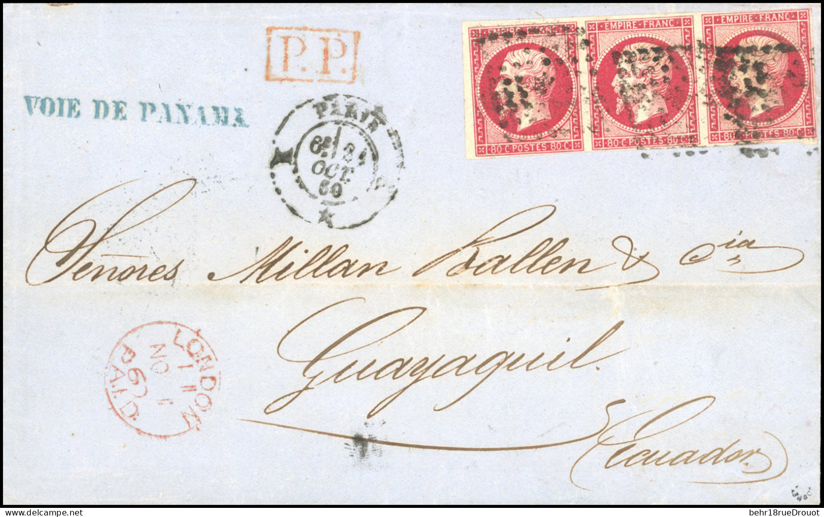 Obl. 17A - 80c. Carmin, Bande De 3, Obl. Losange ''K'' S/lettre Frappée Du CàD De PARIS Du 31 Octobre 1869 à Destination - 1853-1860 Napoleon III