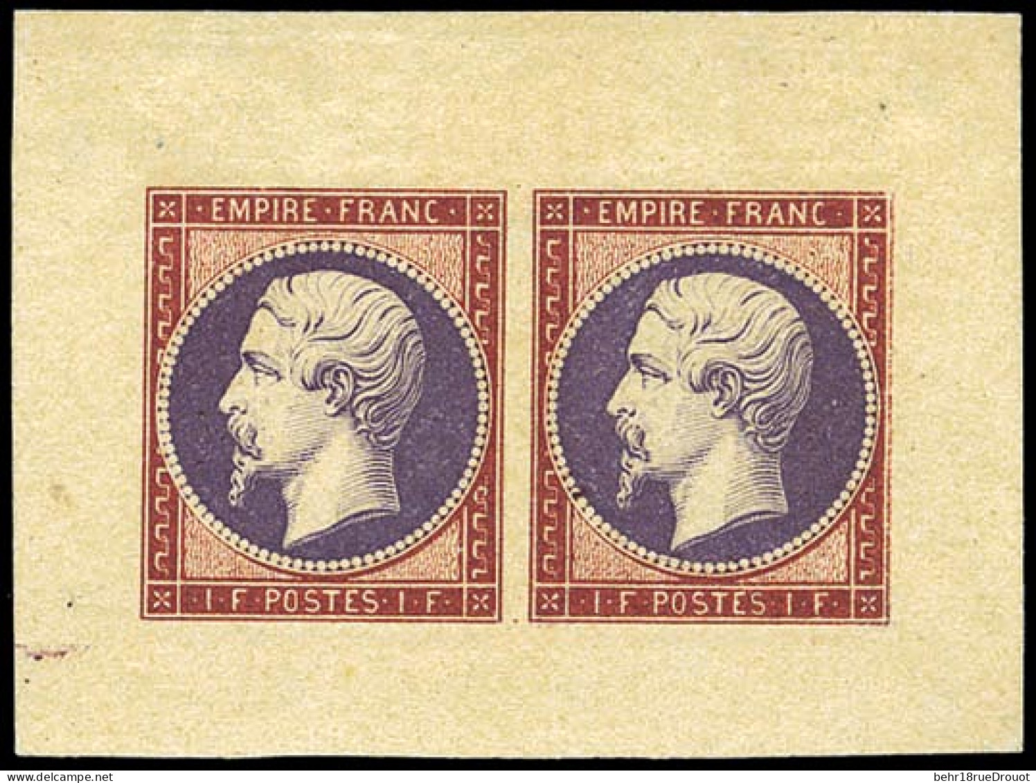 (*) 18 - 1F. Rouge Et Violet. Paire. Essais De Couleur. SUP. R. - 1853-1860 Napoléon III.