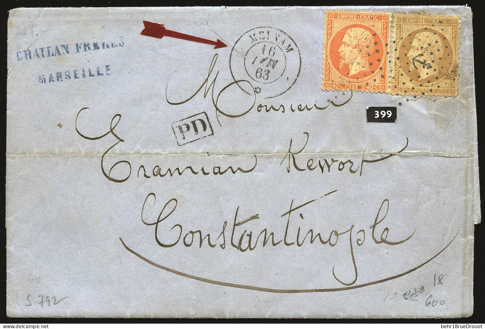 Obl. 21+ 23 - 10c. Bistre + 40c. Orange Obl. Ancre S/lettre De MARSEILLE Frappée Du CàD De MEINAM 16 Mai 1863 à Destinat - 1862 Napoléon III
