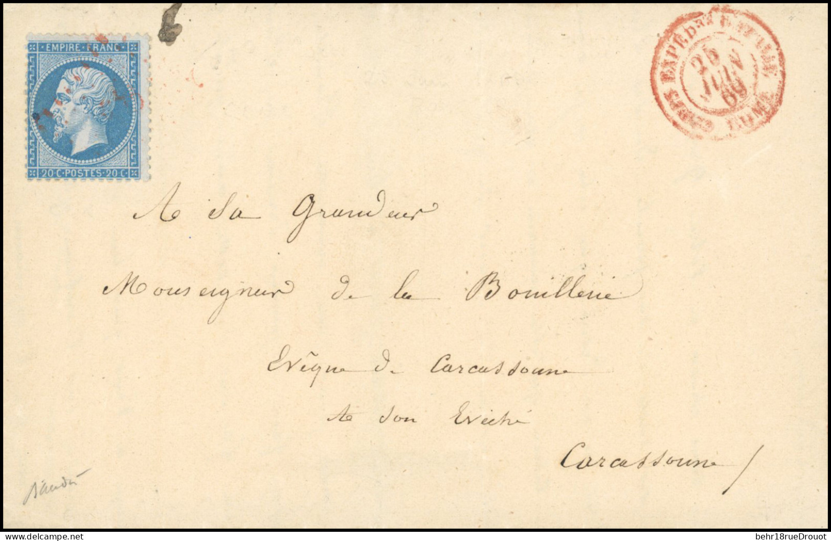 Obl. 22 - 20c. Bleu Obl. CER 2 En Rouge S/lettre Frappée Du CàD CORPS EXPE. D'ITALIE - ROME Du 25 Juin 1869 à Destinatio - 1862 Napoléon III