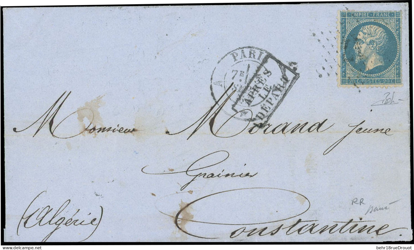 Obl. 22 - 20c. Bleu Obl. étoile 17 S/lettre Frappée De CàD De PARIS A * A Du 5 Septembre 1863 à Destination De CONSTANTI - 1862 Napoléon III