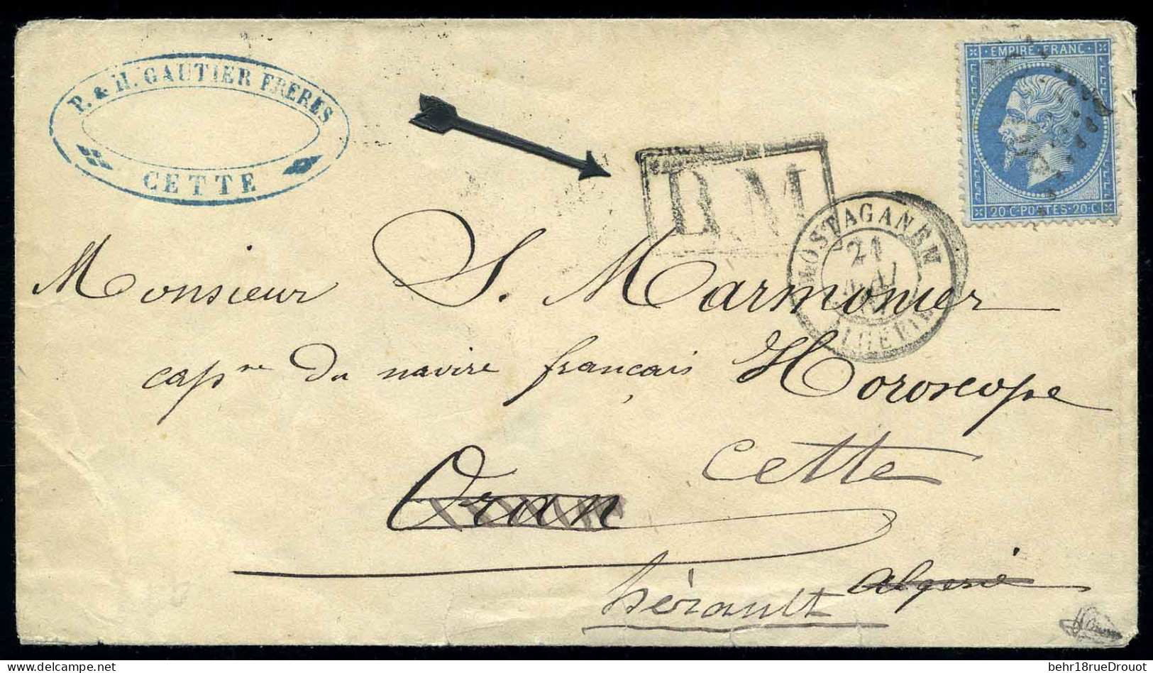 Obl. 22 - 20c. Bleu S/lettre Obl. De MOSTAGANEM, Marque B.M. Encadré. TB - 1862 Napoléon III