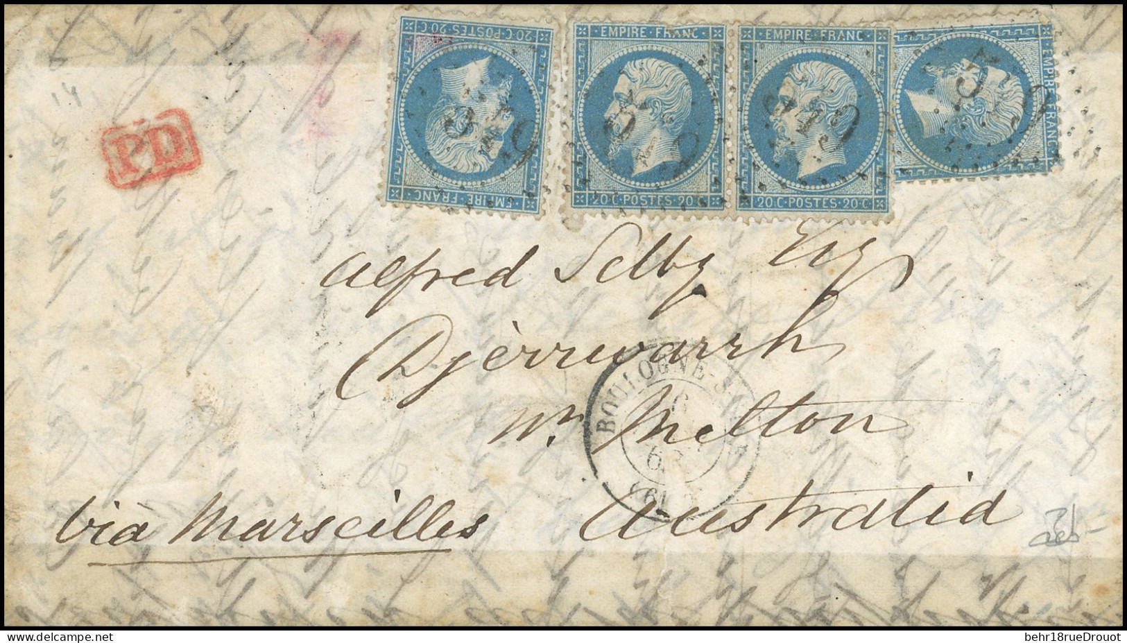 Obl. 22 - Paire Du 20c. Bleu + 2 Unités Obl. GC 549 S/lettre Frappée Du CàD De BOULOGNE-SUR-MER Du 6 Février 1863 à Dest - 1862 Napoléon III