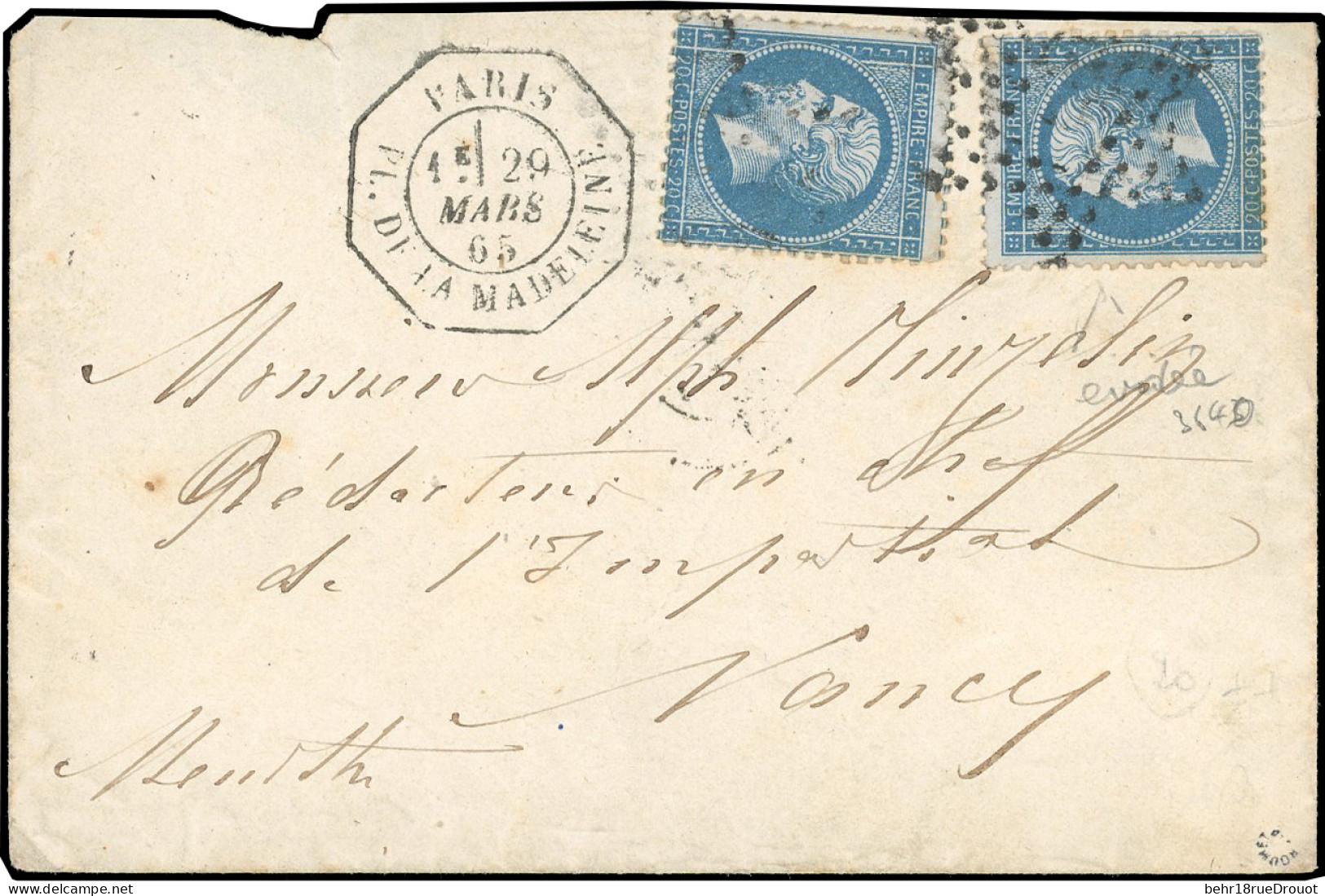 Obl. 22 X 2 - 20c. Bleu X 2 Obl. étoile 3 S/lettre Frappée Du CàD Octogonal De PARIS - PL. DE LA MADELEINE Du 29 Mars 18 - 1862 Napoléon III