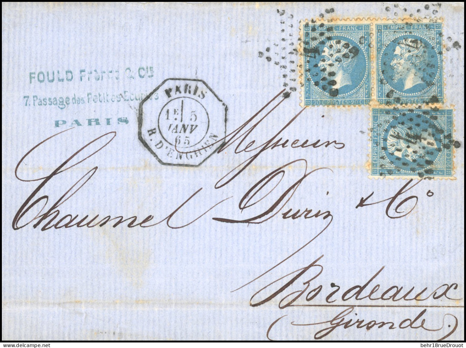 Obl. 22x 3 - Paire Du 20c. Bleu + 1 Unité Obl. étoile 4 S/lettre Frappée Du CàD De PARIS - R. D'ENGHIEN 1ère Levée Du 5  - 1862 Napoléon III