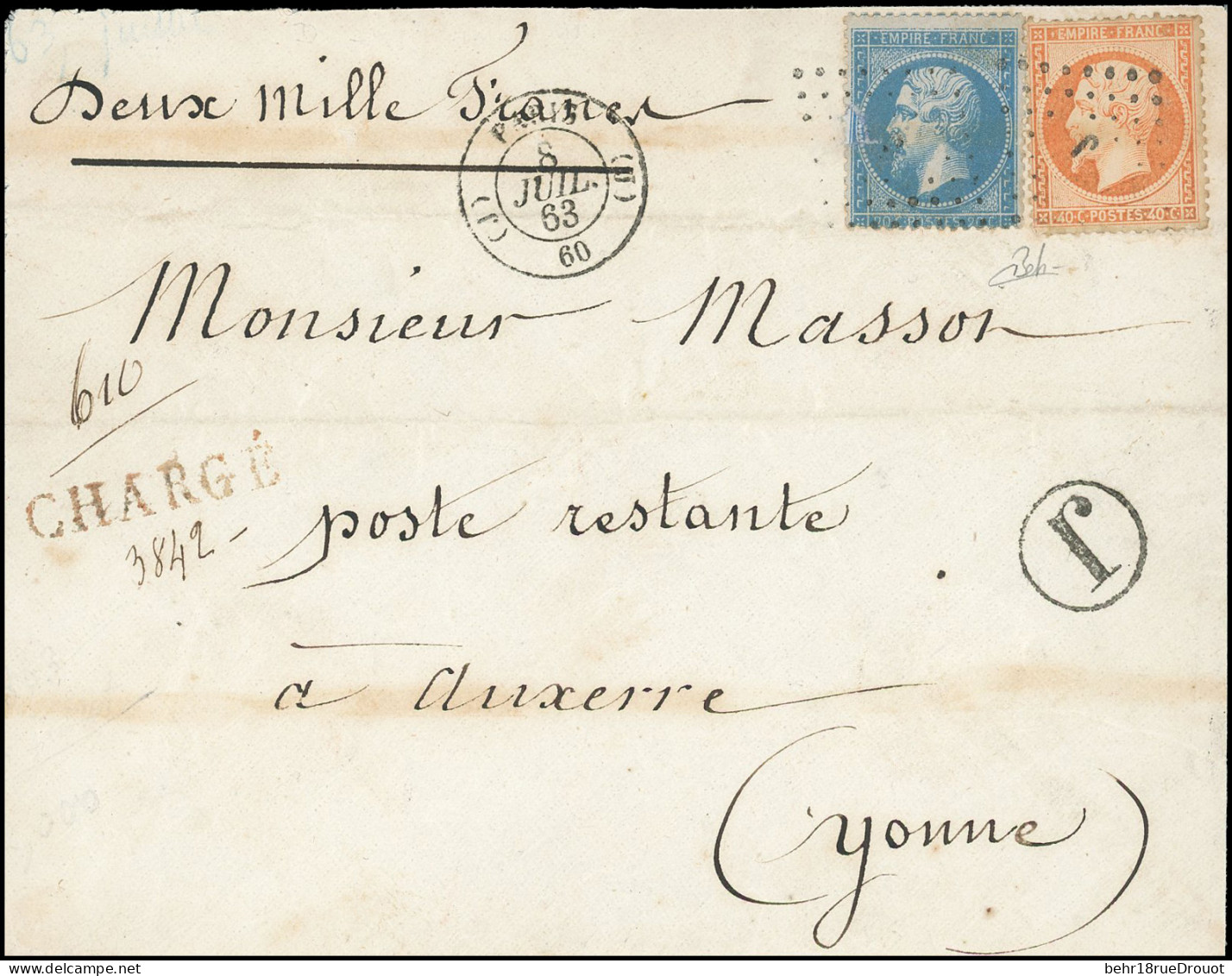 Obl. 22+ 23 - 20c. Bleu + 40c. Orange Obl. ''J'' S/lettre Chargée à 200 Francs, Frappée Du CàD De PARIS (60) Du 8 Juille - 1862 Napoléon III