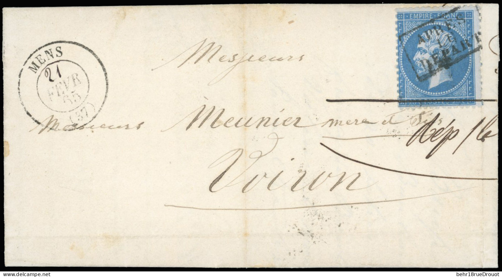 Obl. 22a - 20c. Bleu Foncé Obl. S/lettre Portant Le CàD De MENS Du 21 Février 1855 à Destination De VOIRON. Cachet ''APR - 1862 Napoléon III