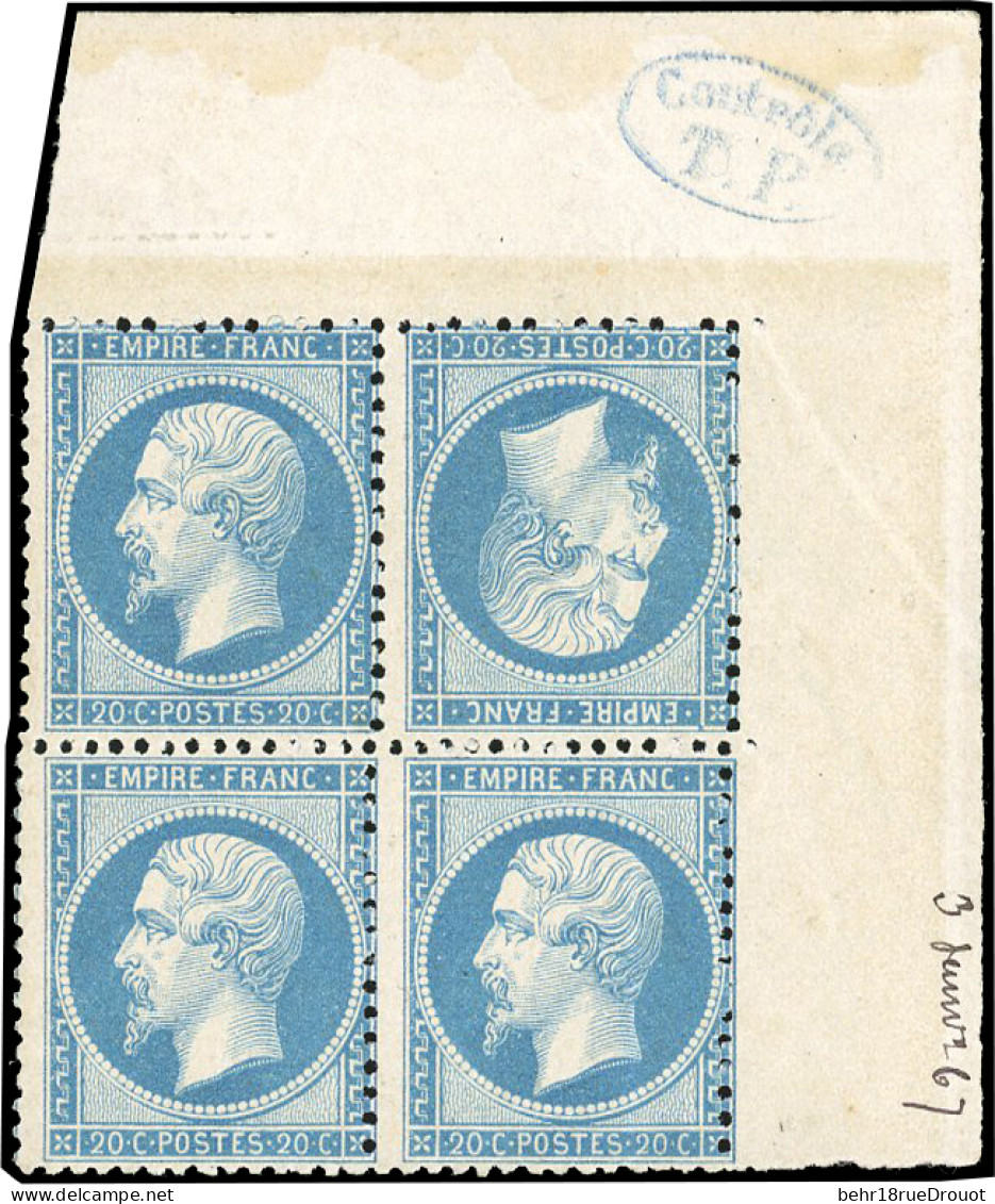 ** 22b - 20c. Bleu. Bloc De 4 Avec Tête-bêche. Coin De Feuille Avec Cachet De ''Contrôle T.P.''. Pli Vertical Sur Le Tim - 1862 Napoléon III