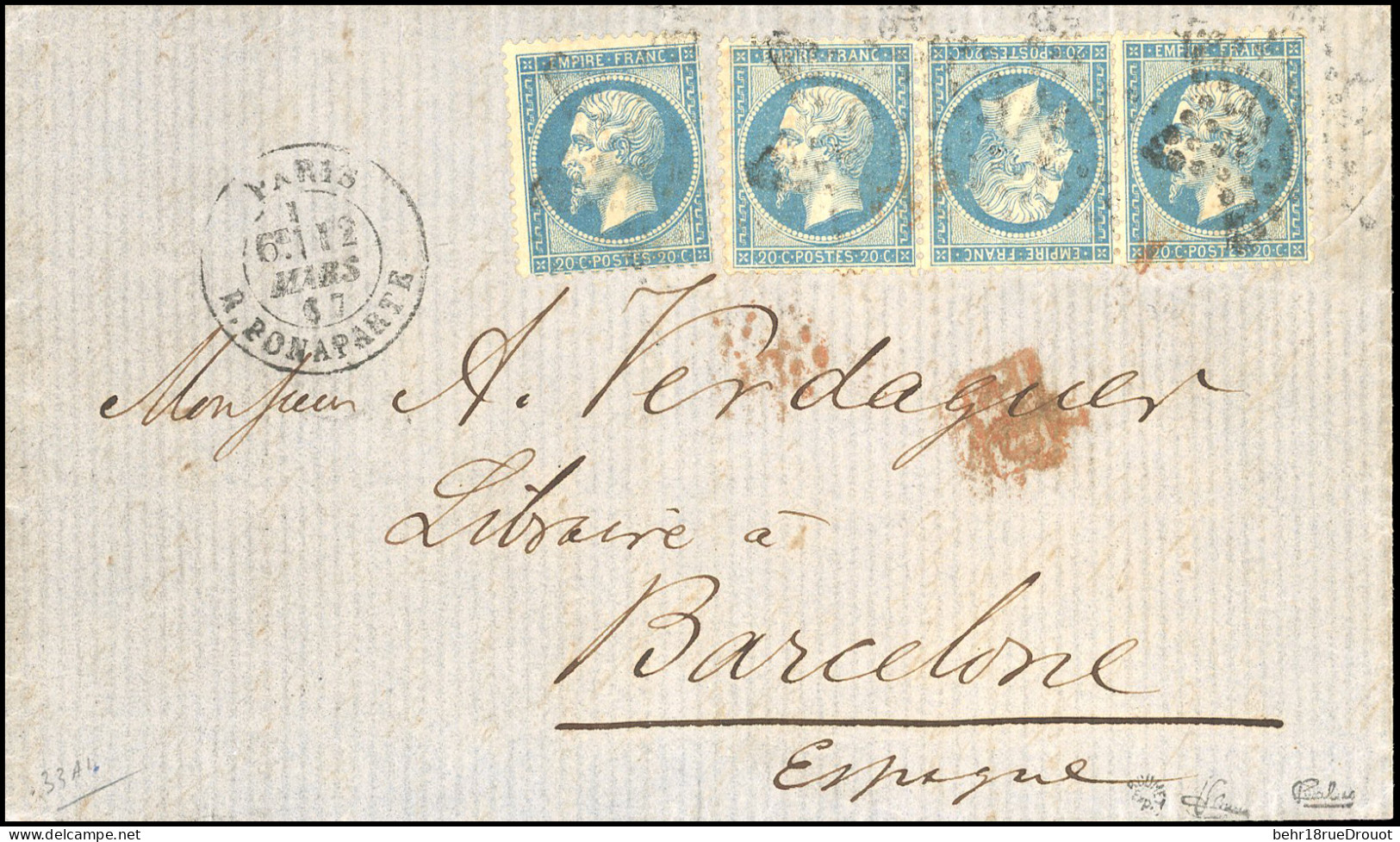 Obl. 22b - Tête-Bêche Du 20c. Bleu Dans Bande De 3 + 1 Ex. Obl. étoile S/lettre Frappée Du CàD De PARIS - RUE BONAPARTE  - 1862 Napoleone III