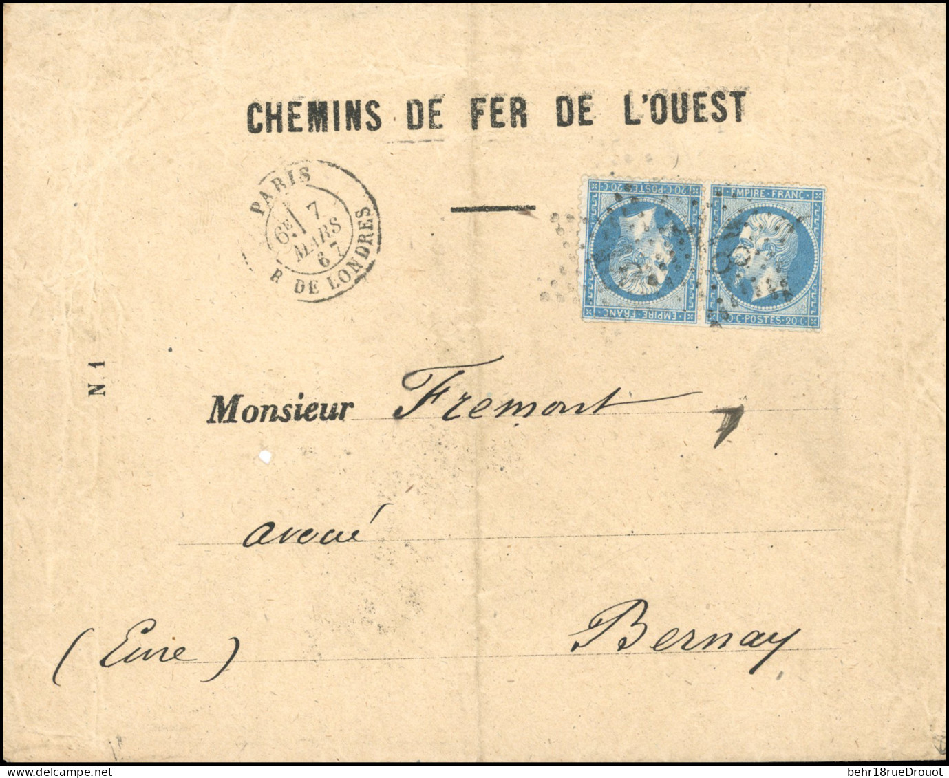 Obl. 22b - Paire Tête-Bêche Du 20c. Bleu, Obl. étoile 18 S/lettre à En-tête Des Chemins De Fer De L'Ouest Frappée Du CàD - 1862 Napoléon III