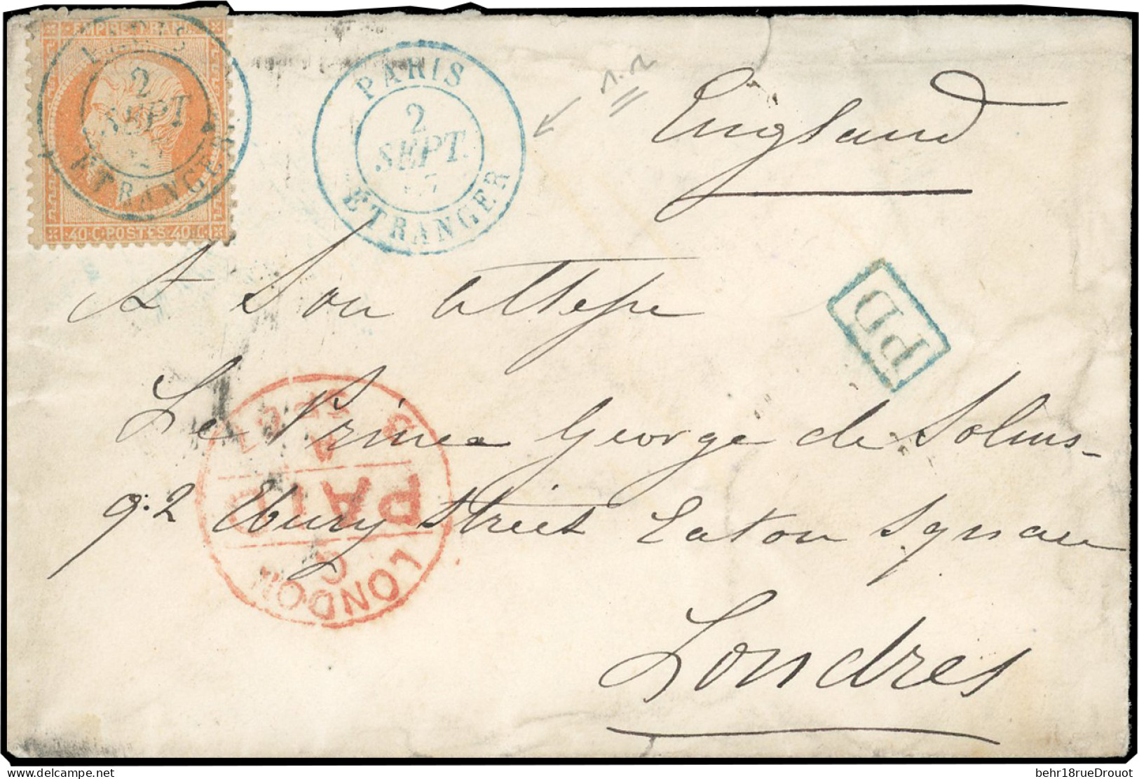 Obl. 23 - 40c. Orange, Obl. S/lettre Frappée Du CàD PARIS ETRANGER En Bleu, Du 2 Septembre 1867 à Destination De LONDRES - 1862 Napoléon III