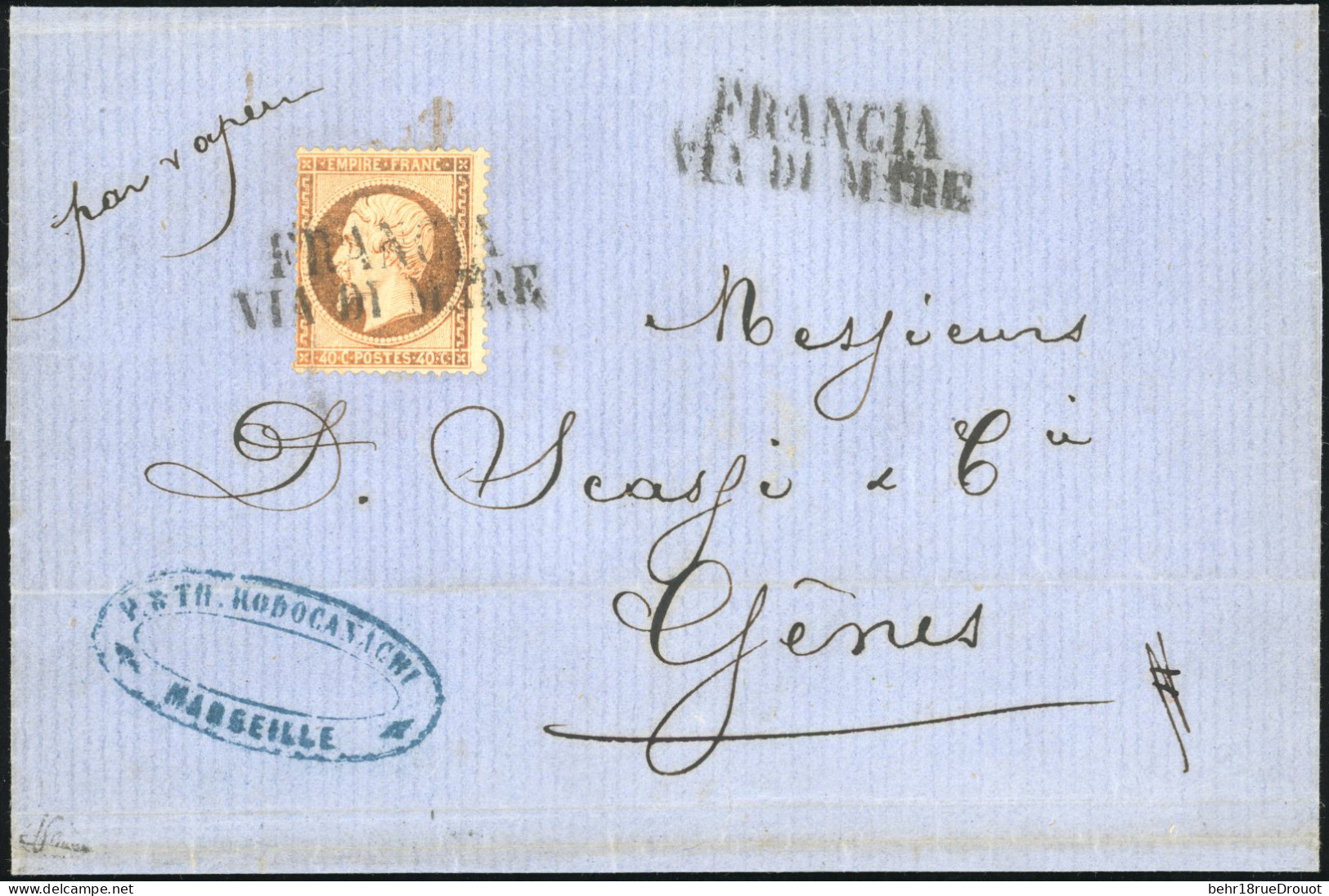 Obl. 23 - 40c. Orange Obl. De La Griffe Italienne ''FRANCIA VIA DI MARE'' S/lettre Manuscrite Du 15 Mars 1864 à Destinat - 1862 Napoléon III