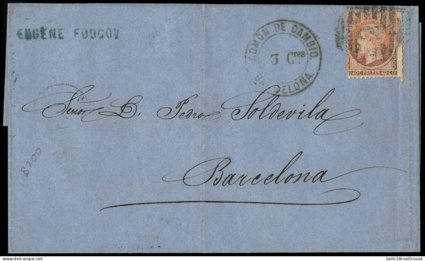 Obl. 23 - 40c. Orange Obl. S/lettre Locale Frappée Du Cachet Espagnol ADMON DE CAMBIO - BARCELONA. TB. - 1862 Napoléon III