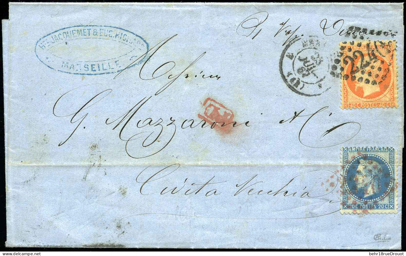 Obl. 23+ 29 - 40c. Orange Obl. GC 2240 En Noir + 20c. Lauré Obl. GC 2240 En Rouge S/lettre De MARSEILLE 23 Juillet 1867  - 1862 Napoleon III