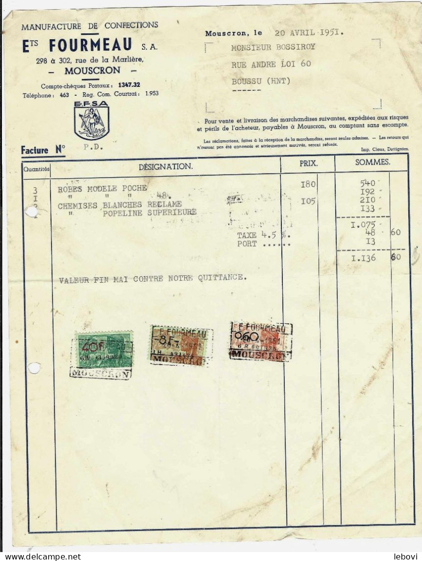 MOUSCRON – Ets FOURMEAU – Manufacture De Confection –facture (1951) - 1950 - ...