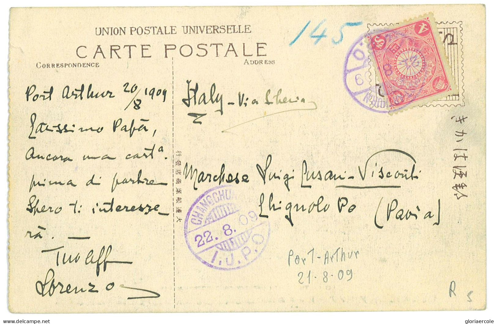 P2948 - JAPAN. JAPANESE POST OFFICES IN CHINA, 1909, FROM PORTH ARTHUR TO ITALY, WITH CHANGCHUNG IJPO TRANSIT POST MARK - Covers & Documents