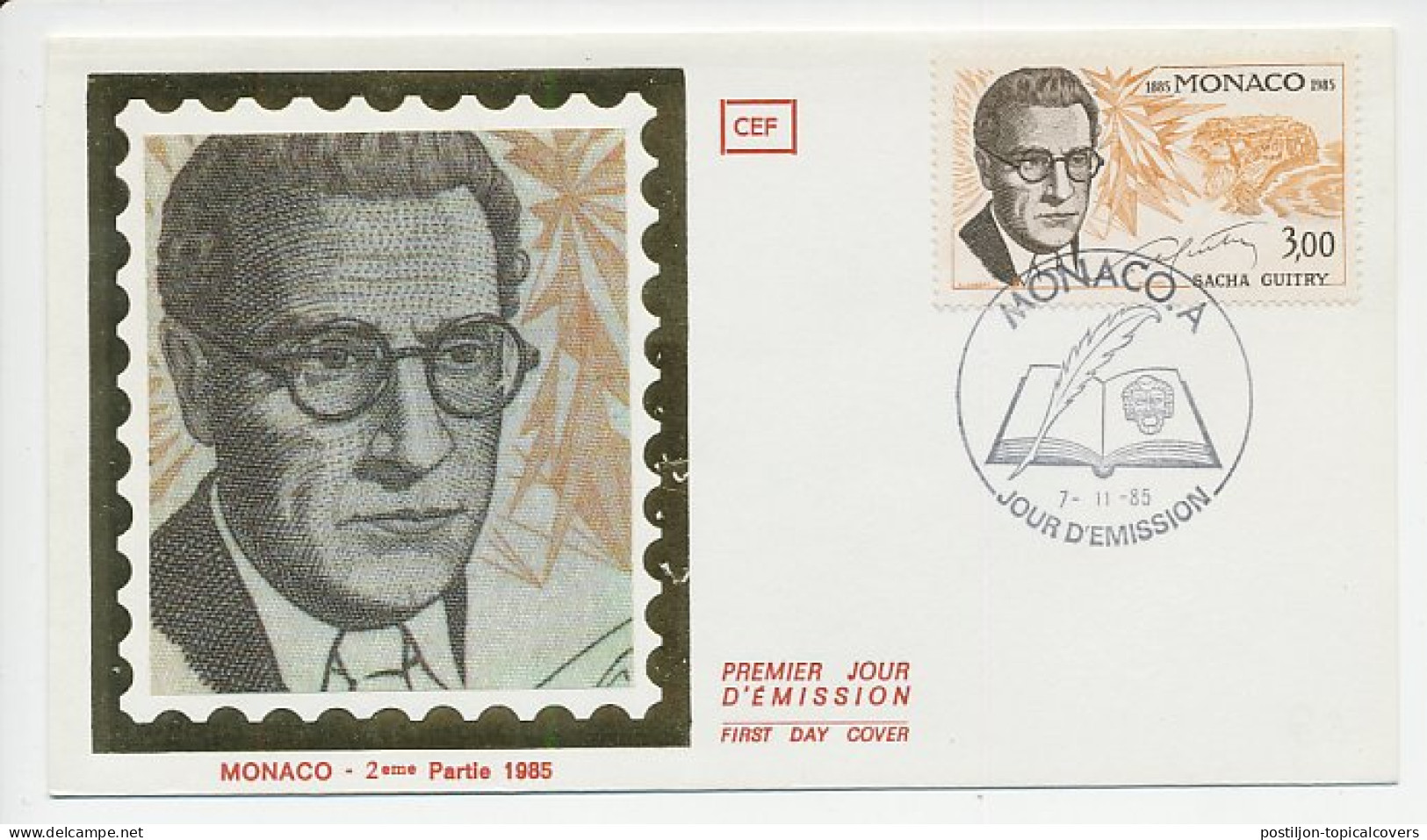 Cover / Postmark Monaco 1985 Sacha Guitry - Writer - Ecrivains