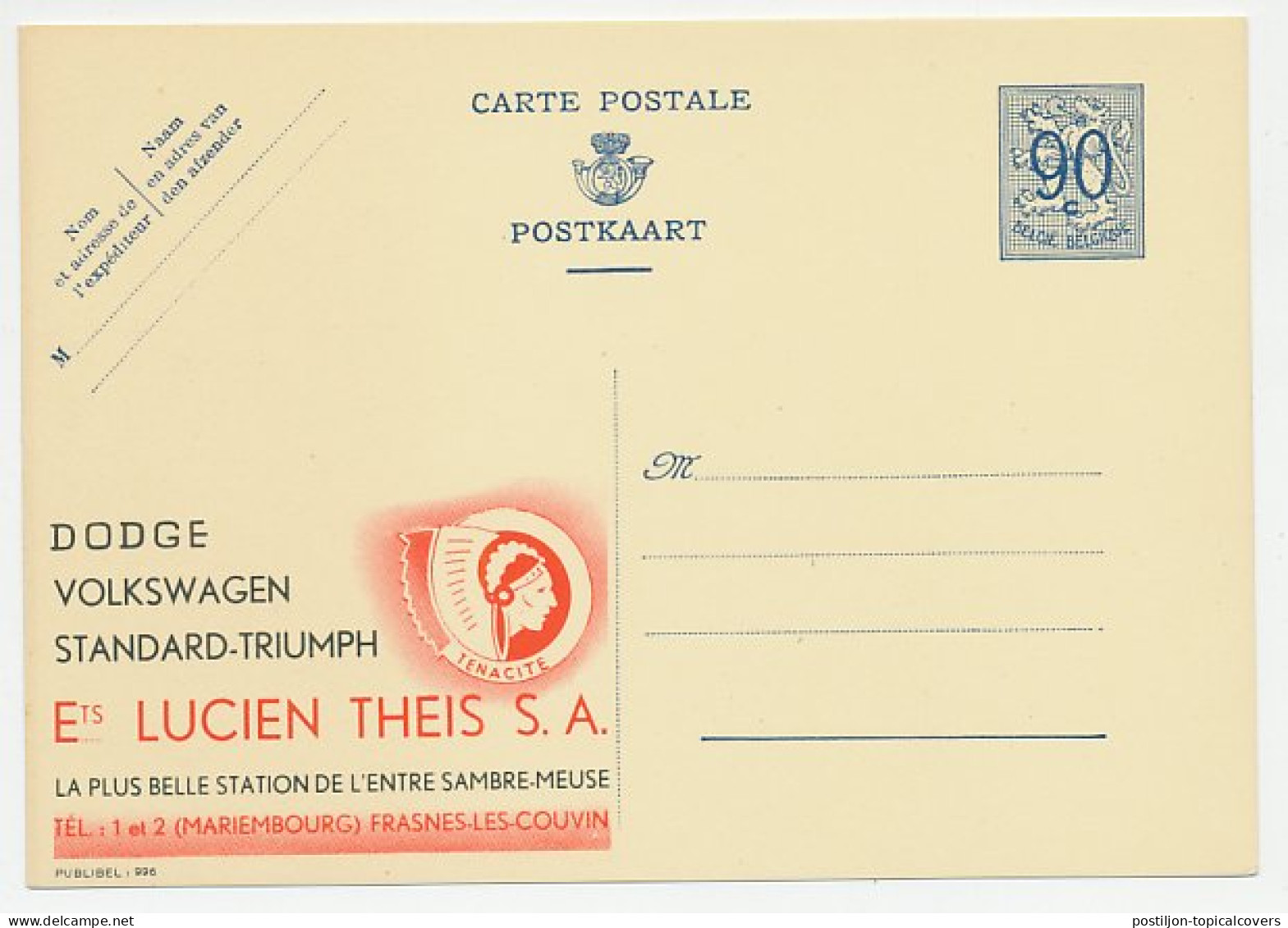 Publibel - Postal Stationery Belgium 1951 Indian - Car - Dodge - Volkswagen - Triumph - Indianen
