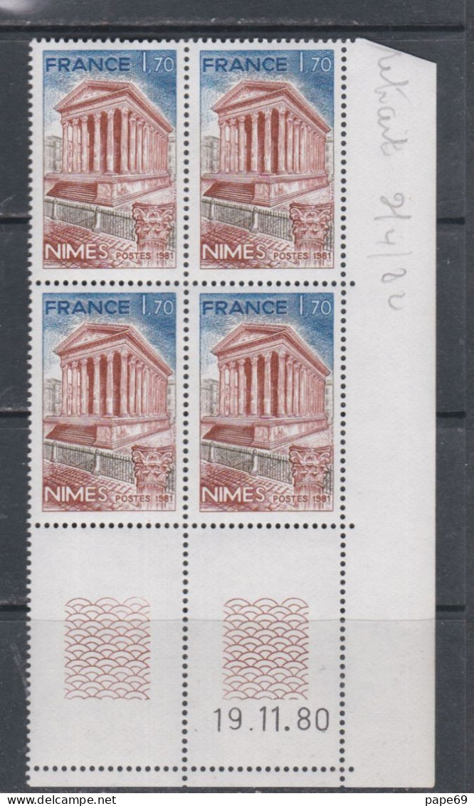 France  N° 2133 XX La Maison Carrée à Nimes, En Bloc De 4 Coin Daté Du 19 . 11 . 80 ; Sans Trait, Sans Charnière, TB - 1980-1989