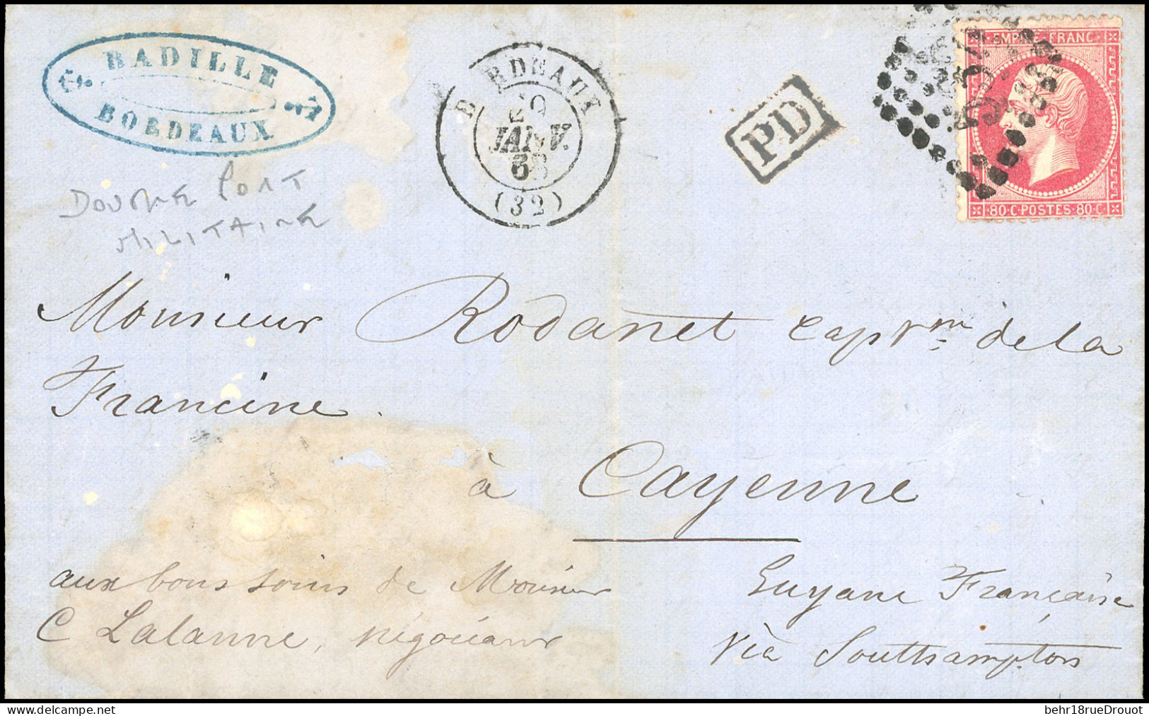 Obl. 24 -  80c. Rose Obl. GC 532 S/lettre Frappée Du Càd De BORDEAUX Du 29 Janvier 1868 à Destination De CAYENNE - GUYAN - 1862 Napoleon III