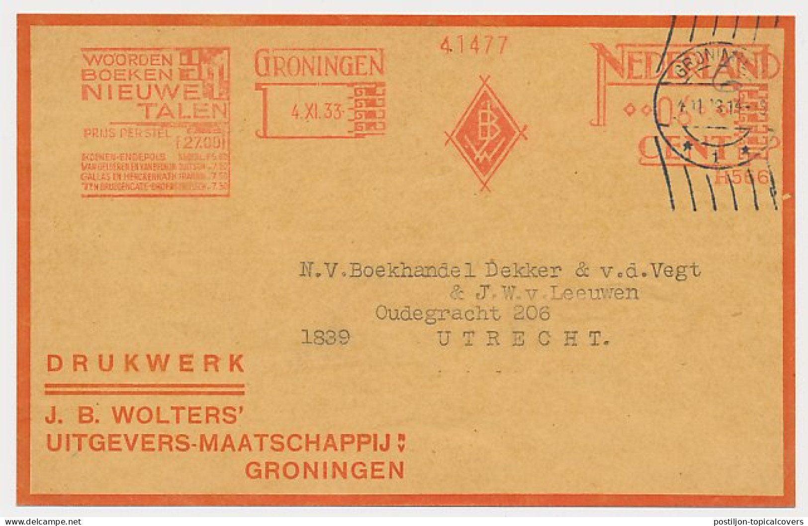 Meter Address Label Netherlands 1933 Dictionaries - New Languages - Books - Unclassified
