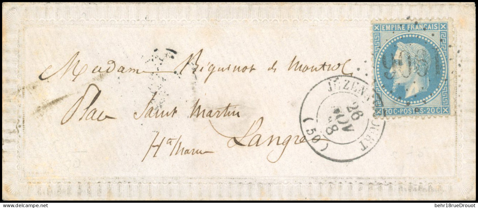 Obl. 29B - 20c. Bleu Obl. GC 1906 S/valentine Frappée Du CàD De JUZENNECOURT Du 26 Novembre 1868 à Destination De LANGRE - 1863-1870 Napoleon III With Laurels