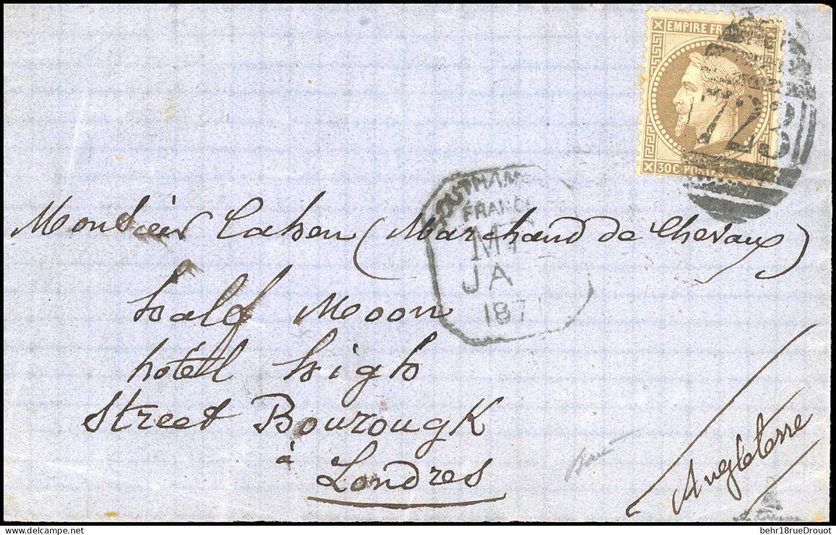 Obl. 30 - 30c. Brun, Obl. Anglaise 723 S/lettre Frappée Du Cachet Boite Mobile De SOUTHAMPTON Du 7 Janvier 1871 à Destin - 1863-1870 Napoléon III Con Laureles