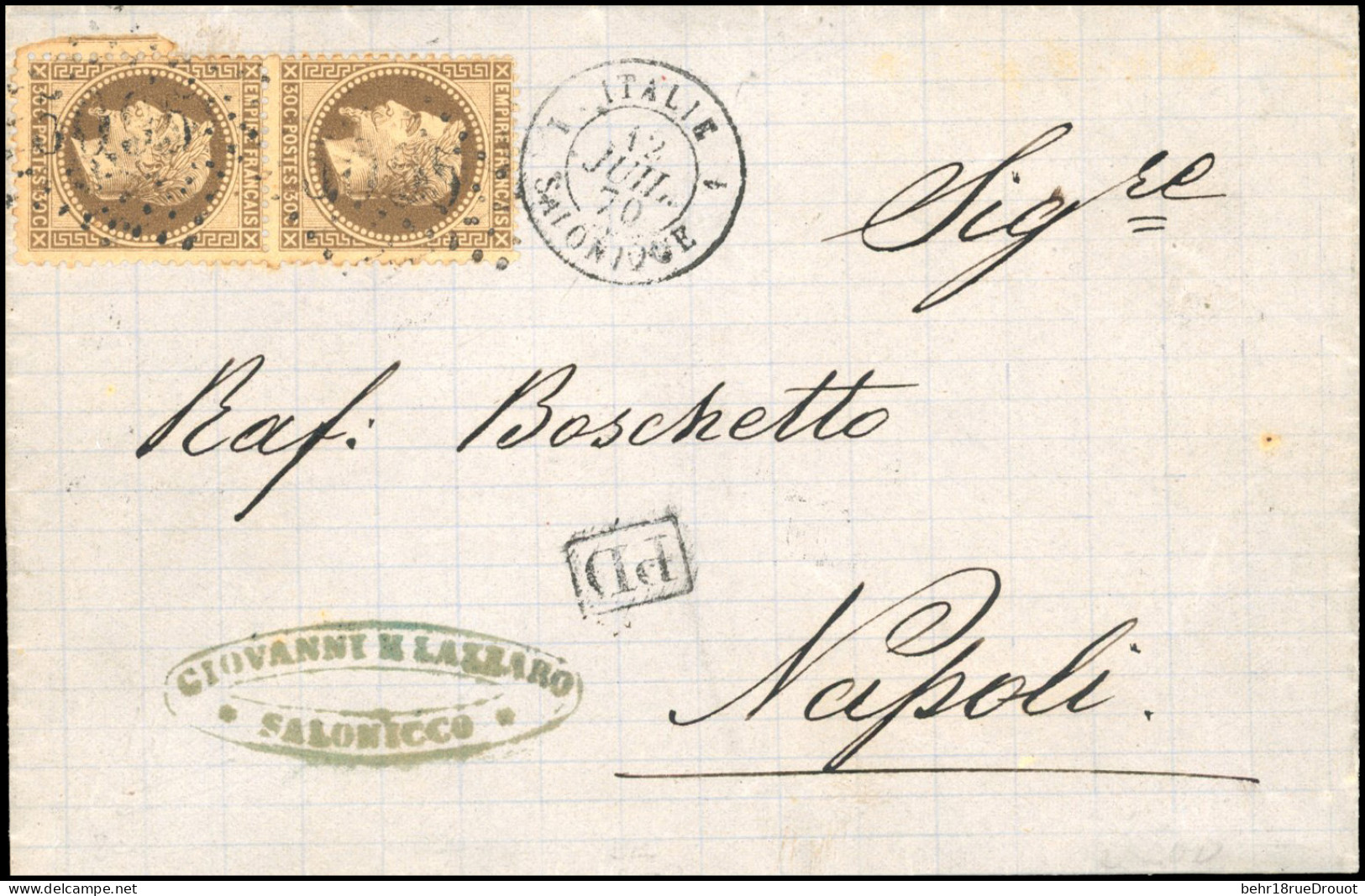 Obl. 30 - Paire Du 30c. Brun Obl. GC 5095 S/lettre Frappée Du CàD ITALIE SALONIQUE Du 12 Juillet 1870 à Destination De N - 1863-1870 Napoléon III Con Laureles