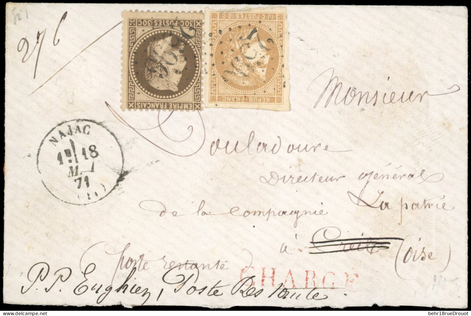 Obl. 30+ 43 - 30c. Brun + 10c. Bistre Obl. GC 2596 S/lettre Frappée Du CàD De NAJAC Du 18 Mai 1871 à Destination De CREI - 1863-1870 Napoléon III Con Laureles