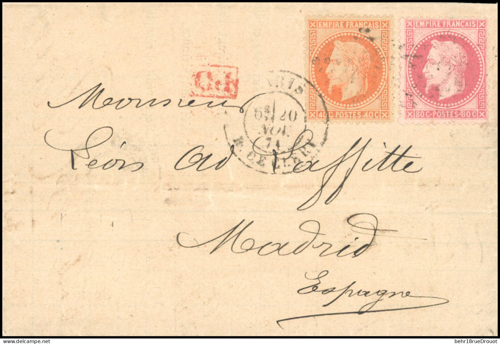 Obl. 31+ 32 - 40c. Orange + 80c. Rose Obl. étoile 24 S/lettre Frappée Du CàD De PARIS - R. DE CLERY Du 20 Novembre 1871  - 1863-1870 Napoléon III Con Laureles