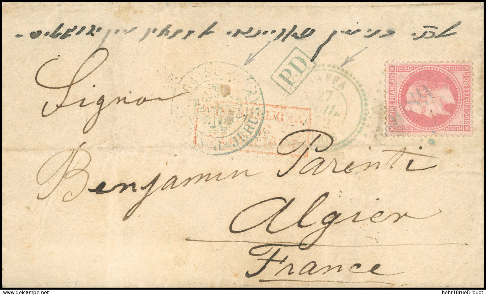 Obl. 32 - 80c. Rose Obl. GC Bleu 5089 S/lettre Frappée Du CàD De JAFFA Du 27 Juillet 1872 En Bleu Et Du Cachet Avec Croi - 1863-1870 Napoléon III Con Laureles