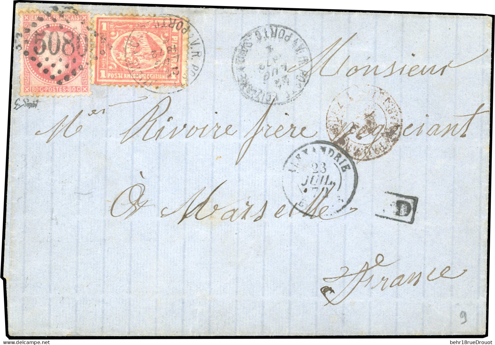 Obl. 32 - + EGYPTE N°11. Mixte Du 80c. Rose Obl. 5080 + 1 Piastre D'Egypte Obl. Du CàD De PORT-SAID S/lettre Frappée Des - 1863-1870 Napoléon III Lauré