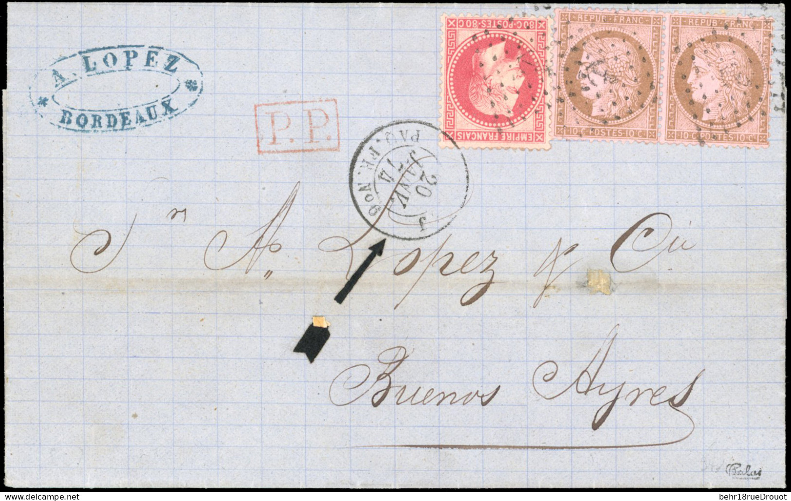 Obl. 32+ 58 - 80c. Rose + Paire Du 10c. Brun S/rose Obl. Ancre S/lettre Manuscrite De BORDEAUX, Frappée Du Cachet LIGNE  - 1863-1870 Napoléon III Con Laureles